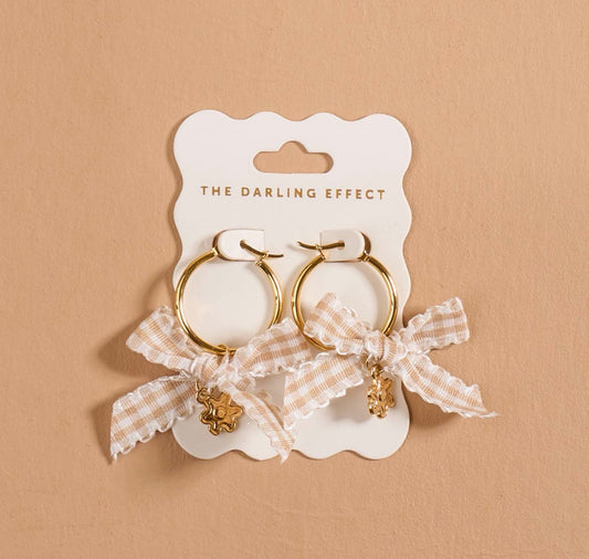 Gold Hoop Earrings with Plaid Bow