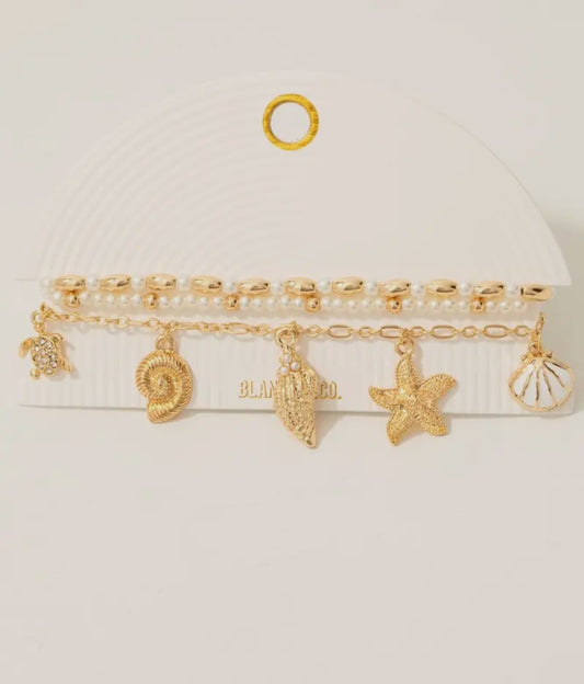 Mixed Seashell Charms Beaded Bracelet Set