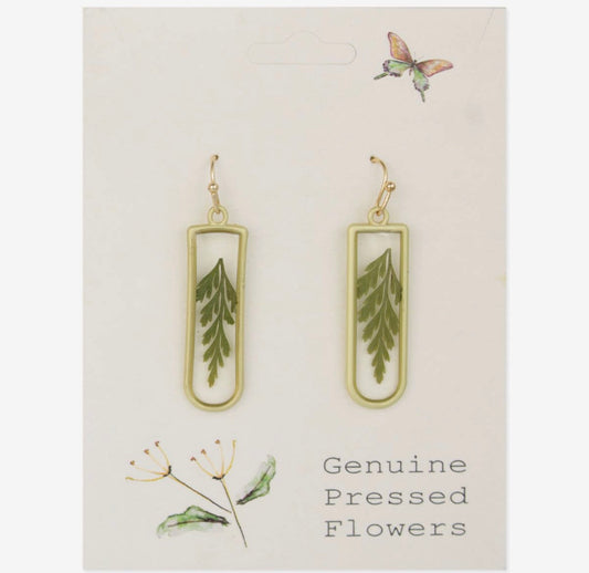 Green Pressed Flower Gold Earrings